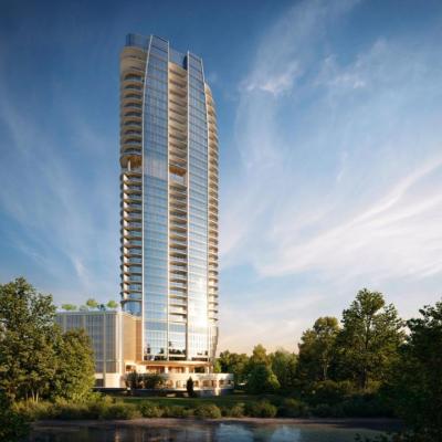 Rendering of the 37-story St. Regis luxury tower in Houston, designed by Pickard Chilton, featuring a sleek glass facade and surrounded by natural landscapes.