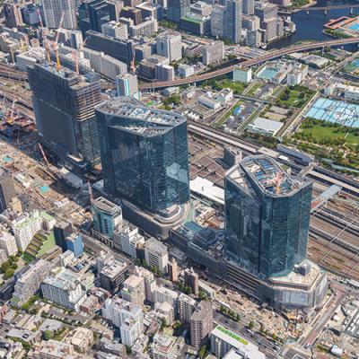 The aerial view of our concept design for Global Gateway Shinagawa, the redevelopment of the northern portion of Tokyo’s Shinagawa Station.